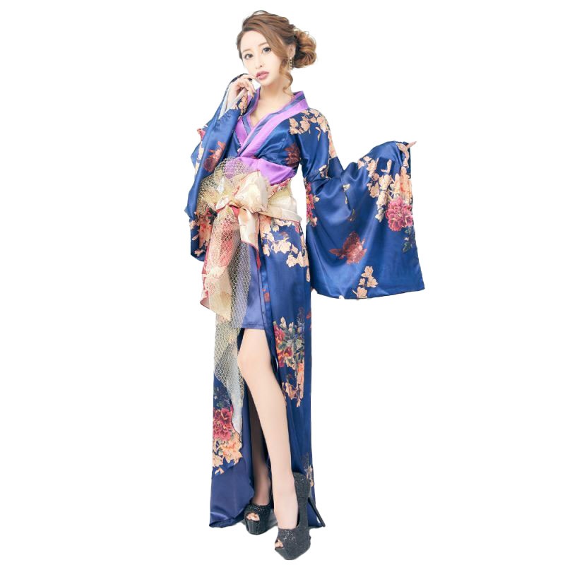【5カラー】蝶々柄 花柄 豪華 リボン 花魁 着物 ロングドレス イベント ハロウィン コスプレ 衣装 キャバドレス [0754]