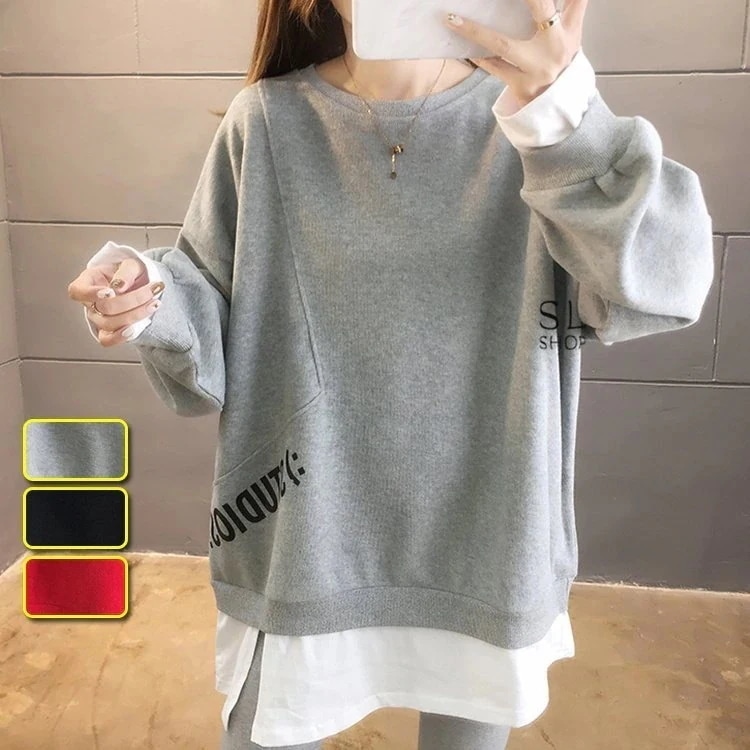 Tシャツ レディース ロンティー 長袖 サイドスリット フェイクレイヤード 薄手トレーナー 英字柄