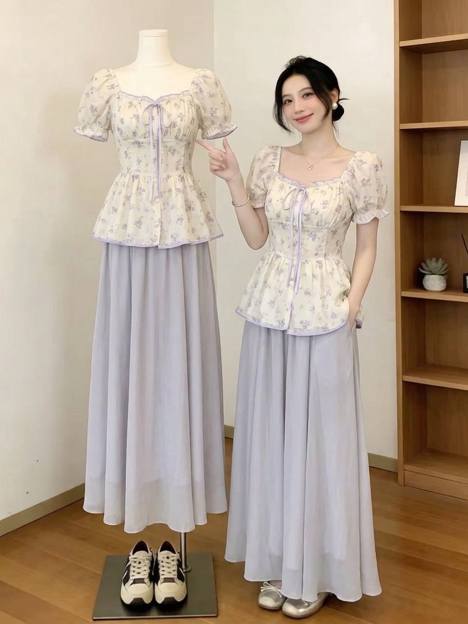 大きいサイズのレディースファッション2026年夏コーデ可愛くておしゃれな紫色の花柄ブラウスとスカートのツーピースセット