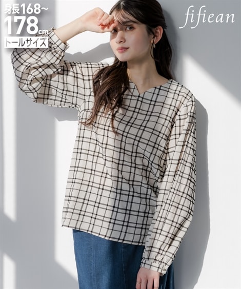 シャツ・ブラウス 高身長　フロッキーチェック袖２WAYブラウス トールサイズ fifiean