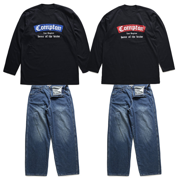ACE FLAG 上下セット 長袖 ブランド ロンT デニム ロングパンツ メンズ 全2種 大きいサイズ エースフラッグ セットアップ Compton コンプトン