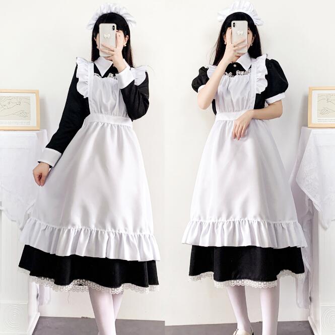 迅速な出荷 ロング丈 メイド服 ハロウィン メイドコスチューム レディース 大人 黒白 クラシック メイド服 cosplay 女装 ロング 長袖 半袖 エプロンドレス ウェイトレス 裾レース フリル