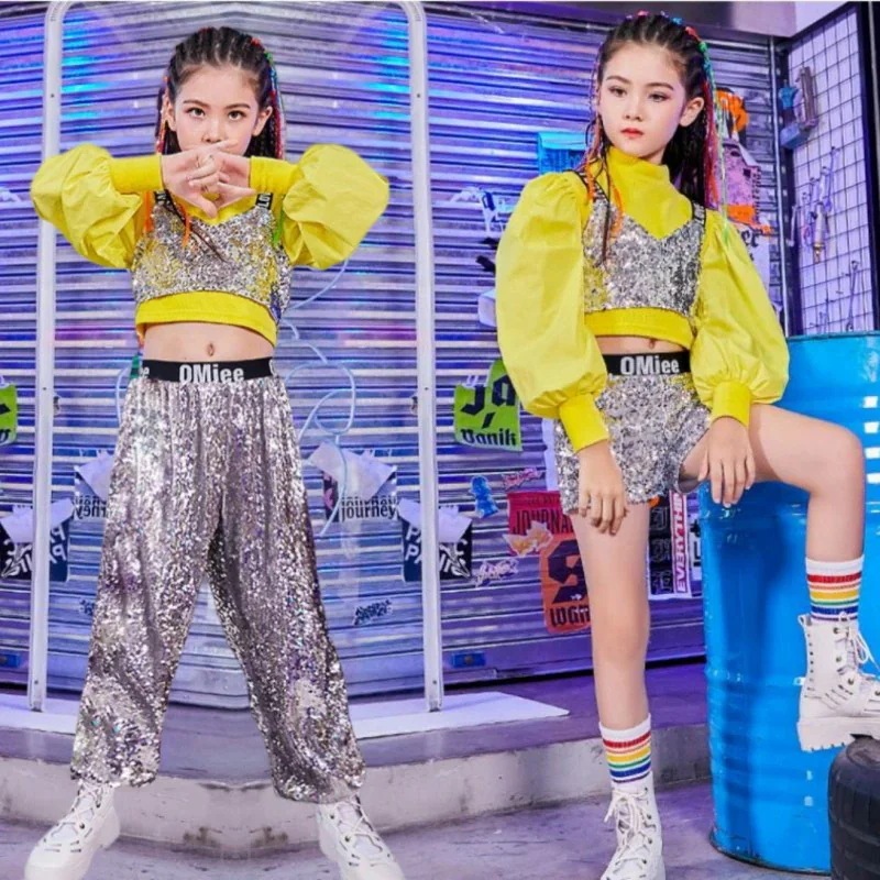 キッズダンス衣装ヒップホップスパンコール3点セット長袖ブラウスベストショートパンツロングパンツ女の子へそ出しキラキラドラムジャズダンスステージ衣装おしゃれ子供服上下セット応援団チアダンス体操服Kpop