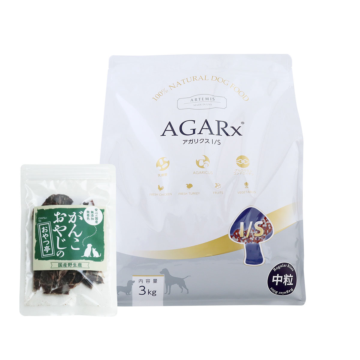 アガリクス I/S 中粒 3kg【国産鹿肉ジャーキー付き(お試しサイズ)】