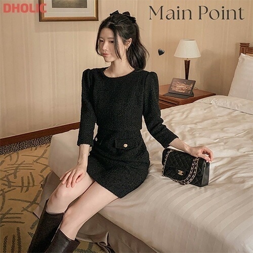 [メガ割りSALE]2TYPEラウンドネックツーピース風ツイードワンピース