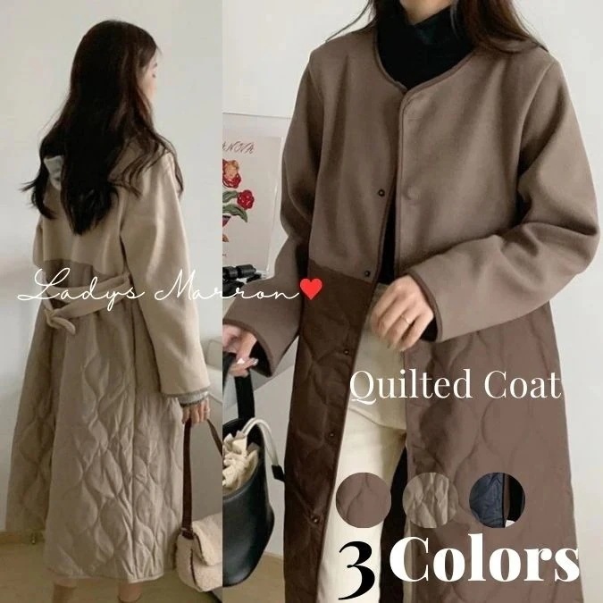 【急速出荷 2025年新作】ボア切り替え キルティングコート キルトコート レディース キルティングダウン 中綿 ロングコート 茶色 ライトアウター 韓国 無地 ノーカラー 春 秋 冬 長袖 ロング丈