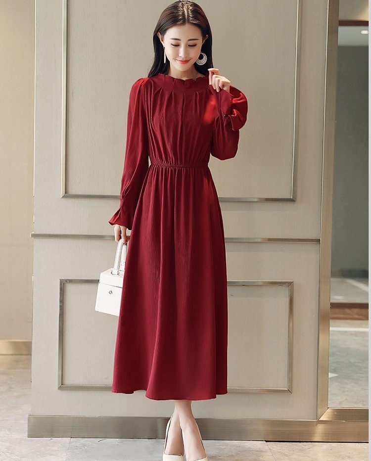 A1024.Uネックフリルフレアドレス（レッド）2019 春夏 sale 春夏 sale ワンピース 長袖 エレガント お呼ばれ パーティー 結婚式 披露宴 女子会 レストラン デート