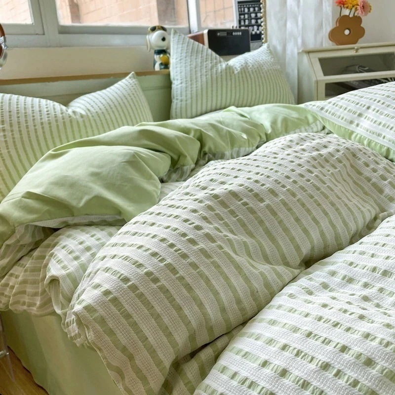 【メガ割 】無地ストライプウォッシュドコットンベッド4点セットスモールフレッシュ先染めジャガードベッドシーツ掛け布団カバーボックスシーツ3点セット化粧ポーチ-大容量