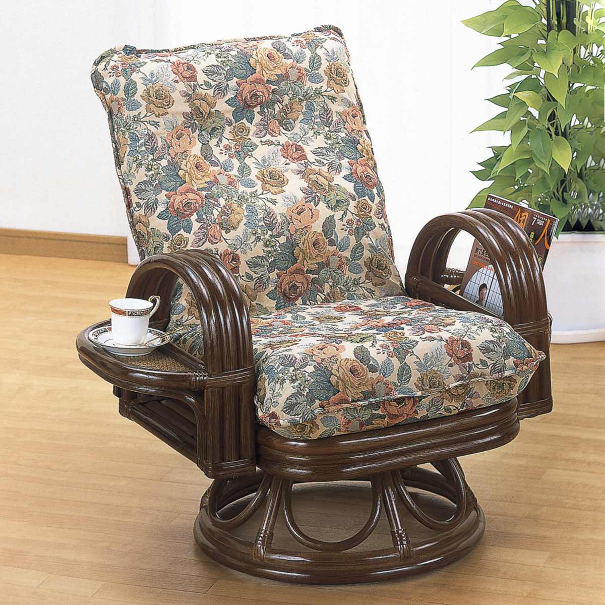 籐 リクライニングチェア 回転式 ハイタイプ 棚ラック付 座面高37cm 回転 座椅子 テーブル 収納付き パーソナルチェア ラタン クッション ラタンチェア 籐家具 肘掛付き 花柄 アジアン