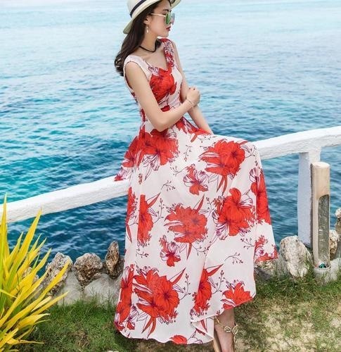 1329. シフォンマキシワンピース（レッド）　ビーチコーデ　リゾート　女子会　お呼ばれ 20代　30代 100,000円