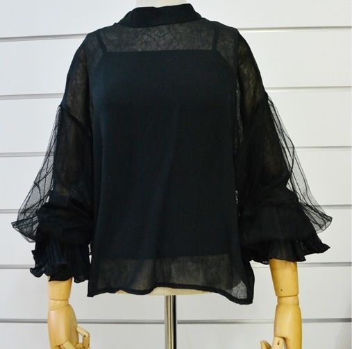 即納品ありK116.インナーキャミ付プリーツ袖シフォンブラウス（ブラック）