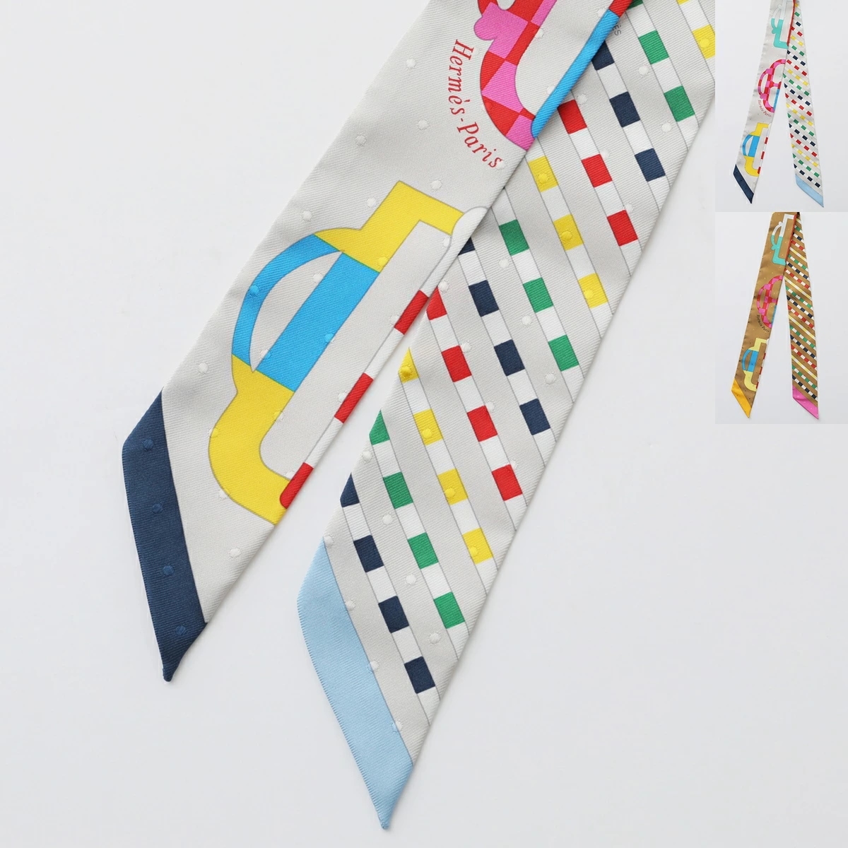 HERMES エルメス ツイリー スカーフ TWILLY 063351S レディース フランス製 シルク バンダナ ジャガードドット 総柄 ロゴ ケース付き カラー2色