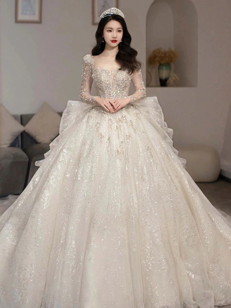 プリンセス ウェディングドレス 2025 花嫁 お出かけ ライト ウェディング ドレス スモール ハイエンド 豪華 長袖 メイン ベール トレーリング