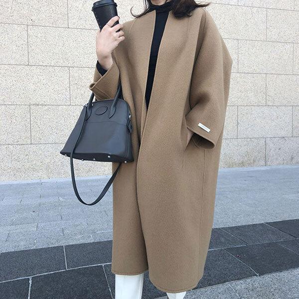 ノーカラーロングコート レディース アウター 長袖 ゆったり 体型カバー オーバーサイズ ロング丈 おしゃれ 通勤 オフィス カジュアル 秋冬 4,931円