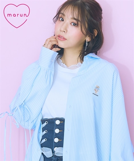シャツ・ブラウス 大きいサイズ くまちゃん刺しゅうスリットリボンロングシャツ marun
