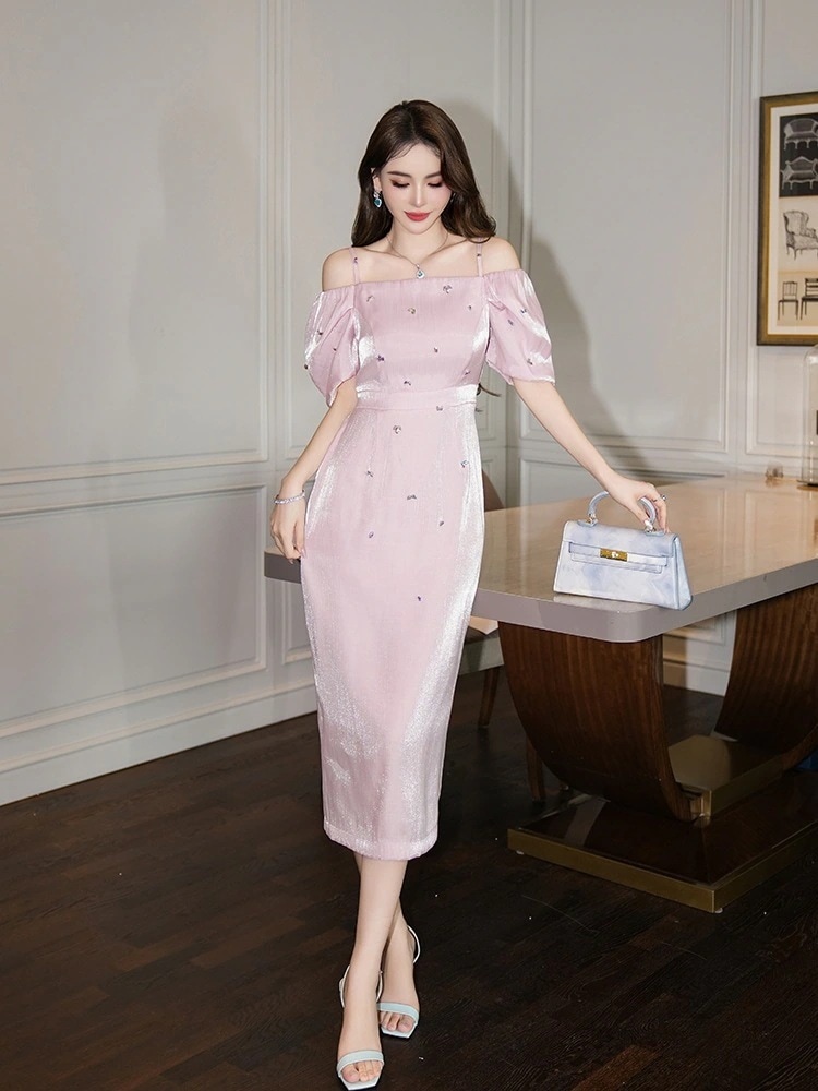 2024夏新品 オフショルダー フリル ダイヤモンド飾り キャミ ドレス パーティー キャバ 大人 同窓会 披露宴 卒業式 結婚式 演奏会 ウェディング 二次会 メガ割30%までに制限