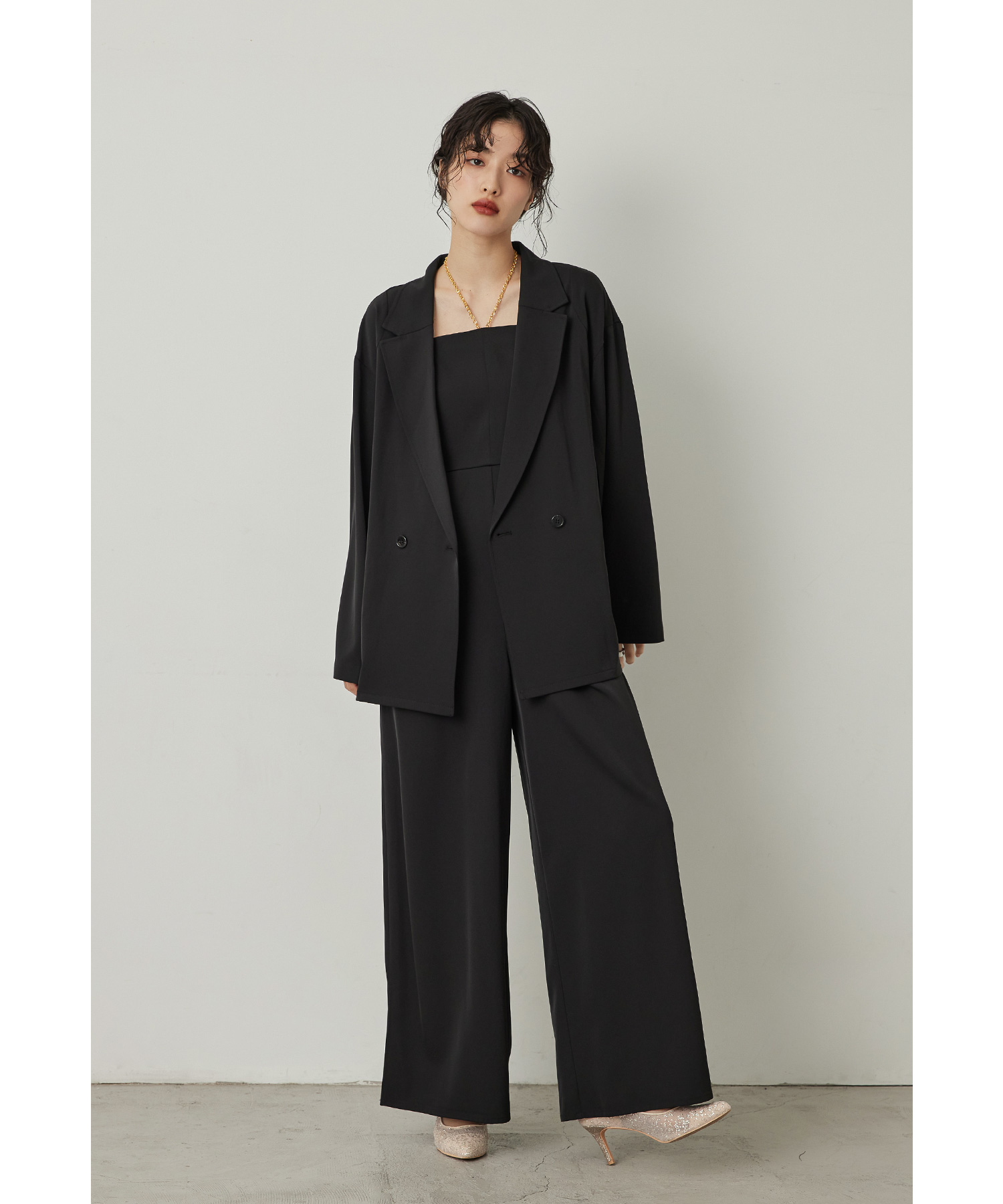 プラクティカルセットアップ パーティードレス 結婚式 ストライプ パンツドレス オールインワン ジャケット 2点セット ワイドパンツ 羽織 長袖 無地 お呼ばれ パーティー 二次会 披露宴 謝恩会