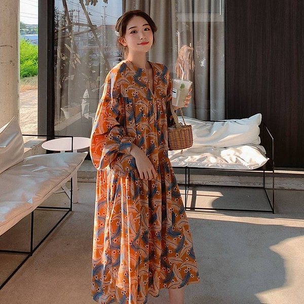 ワンピース レディース 40代 キレイめ マキシ丈ワンピース ロングワンピース 長袖ワンピース 花柄 大きいサイズ 春秋 韓国風 通勤 二次会 お出かけ 大人