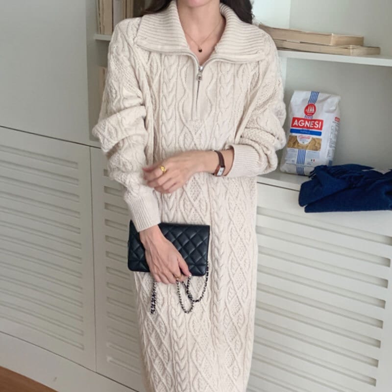 【送料無料】レディース ジェッドハーフ ジップアップ ロング ニット ワンピース ケーブル編み ロングワンピ Iライン 大人可愛い ママコーデ ママファッション 韓国系 オルチャン 人気