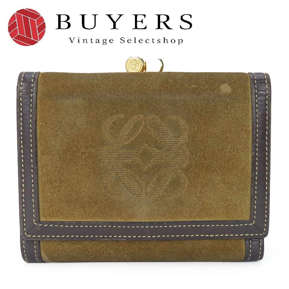 中古 三つ折り財布 スウェード レザー カーキ ブラウン ゴールド金具 アナグラム がま口 小物 レディース 女性 14,454円