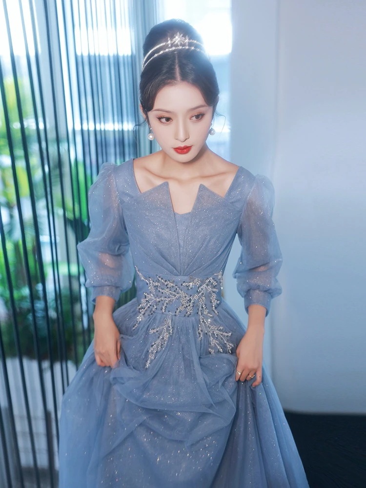 ブルー イブニング 女性 成人式 高級 軽い 高級 長袖 ホスト ピアノ演奏衣装