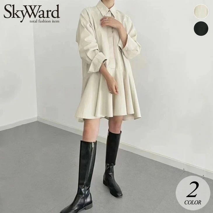 ティアード シャツ ミニ ワンピース 長袖 フリル ミディアム ゆったり 大きめ 無地 可愛い フェミニン カジュアル 春 秋 冬 レディース 韓国ファッション