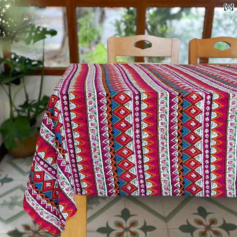 テーブルクロス レトロ 汚れ防止 机カバー 布 雑貨 キッチン ダイニング リビング おしゃれ ボヘミアン エスニック コットン リネン ストライプ ひし形 青 赤
