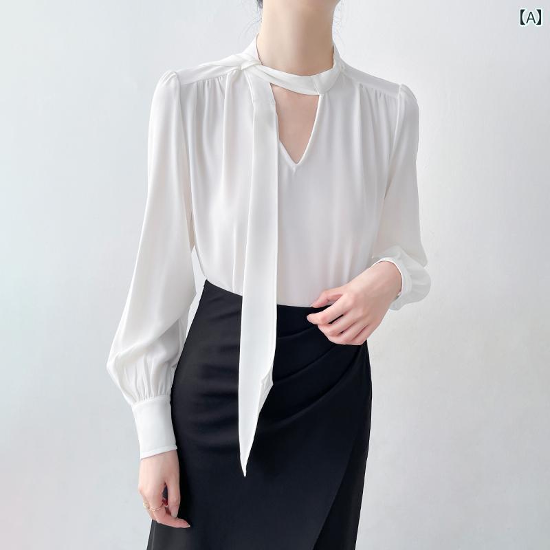 レディース シフォンシャツ ブラウス 長袖 春秋 ラウンドネックVカット ネックリボンタイ ドレープ プリー フレンチスタイル 韓国風 しなやか 上質 エレガント 優雅 おしゃれ 上品 シンプル 8,026円