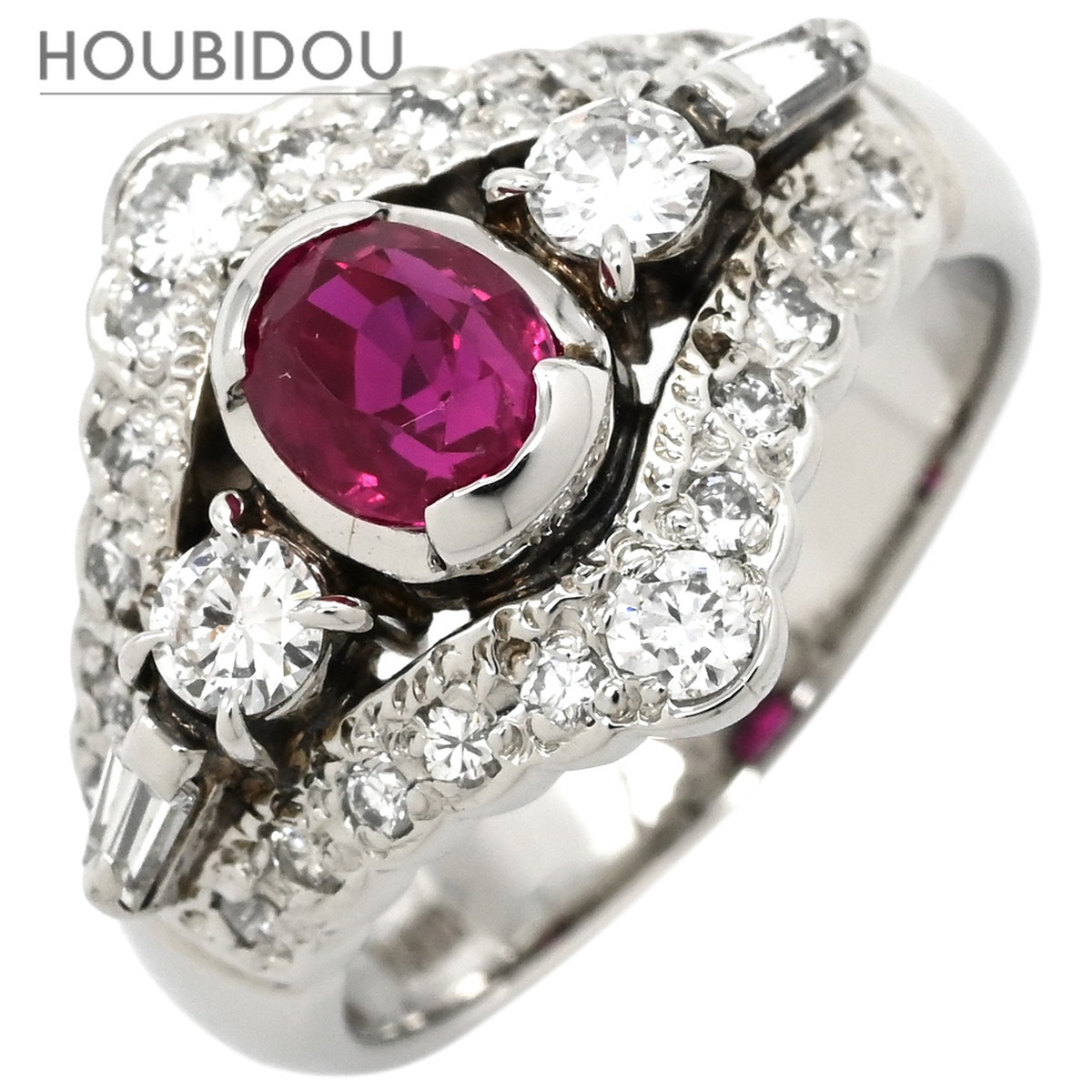 リング 指輪 ルビー 0.94ct ダイヤ 0.68ct レッド×プラチナシルバー 赤 1P 1石 1粒 プラチナ Pt900 メレダイヤ パヴェ バケット オーバル 楕円 12号【中古】