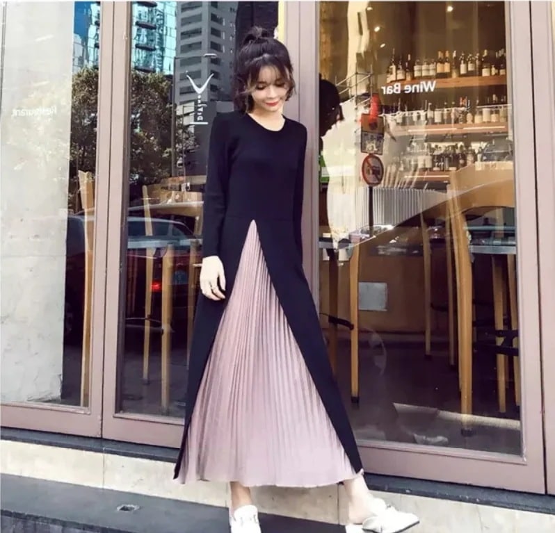 ワンピース ワンピドレス ロング丈 袖あり 長袖 襟なし 丸襟 スリム タイト 細身 プリーツ かわいい 大人可愛い きれいめ シンプル カジュアル 大人 上品 おしゃれ お洒落 大人女子 こなれ感