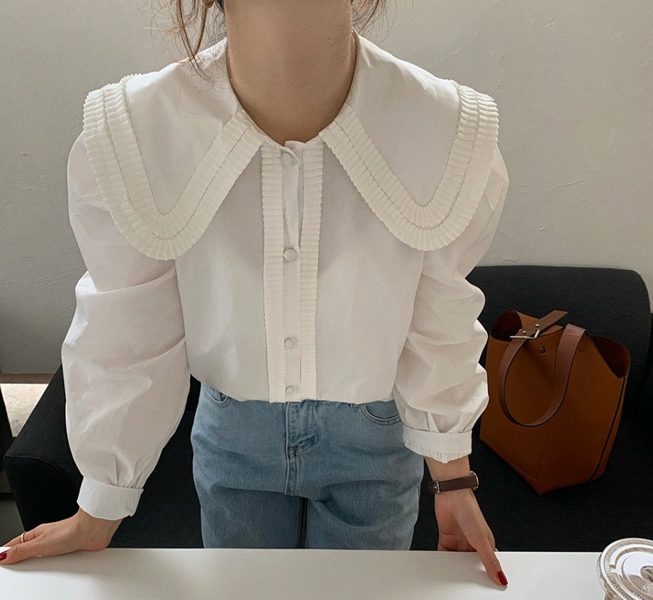 トップス シャツ ブラウス 白シャツ 白トップス 袖あり 長袖 ラウンドネック 襟付き ストレート フリル 前開き 薄手 かわいい 大人可愛い きれいめ シンプル カジュアル 大人 上品 おしゃれ