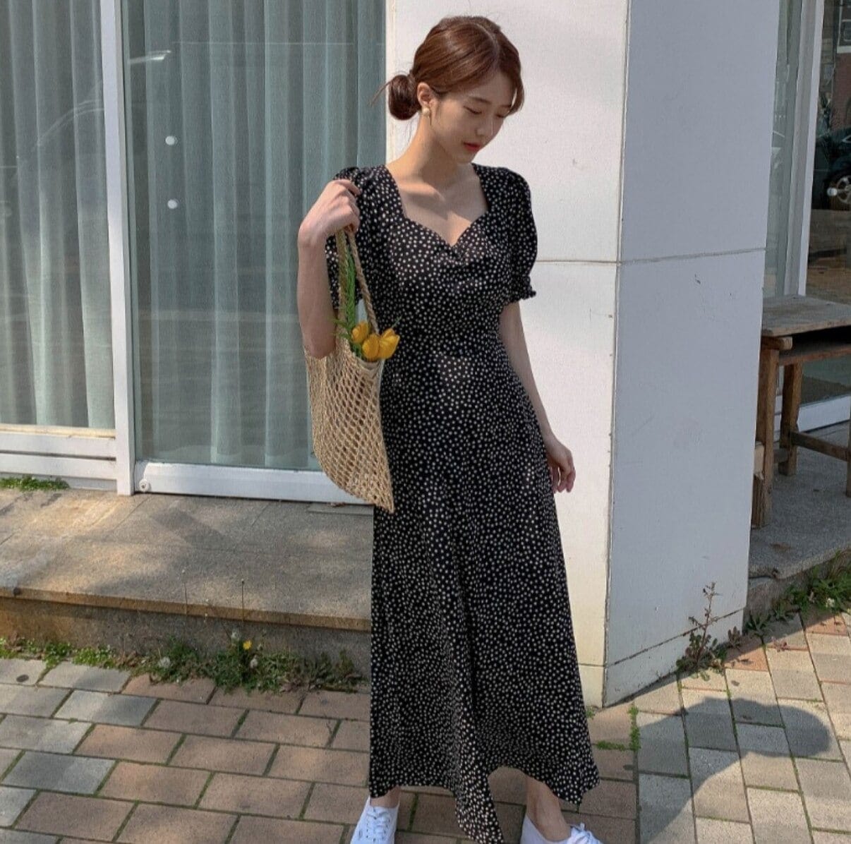 ワンピース 袖あり かわいい 大人可愛い きれいめ シンプル カジュアル 大人 上品 おしゃれ 半袖　ロング丈 花柄 Vネック パフスリーブ ウエストマーク フレア ブラック 春夏 XL 韓国コーデ