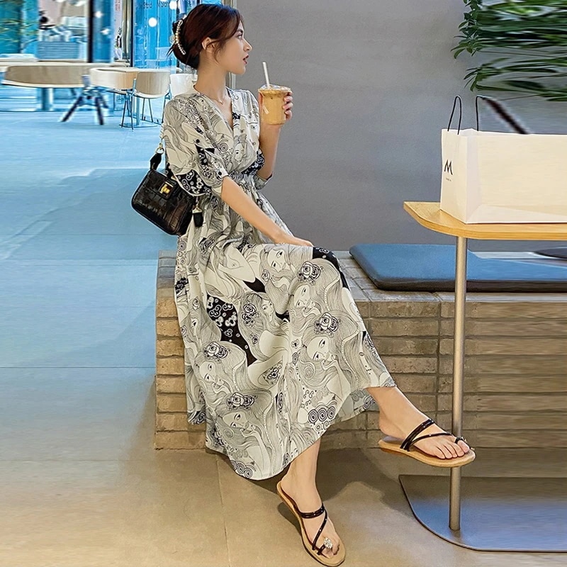 ワンピース レディース フレア カシュクール ミモレ ロング 7分袖 5分袖 Vネック ポケット ハイウエスト 大人可愛い お洒落 楽ちん 上品 きれいめ アプリコット プリント レトロ フリーサイズ