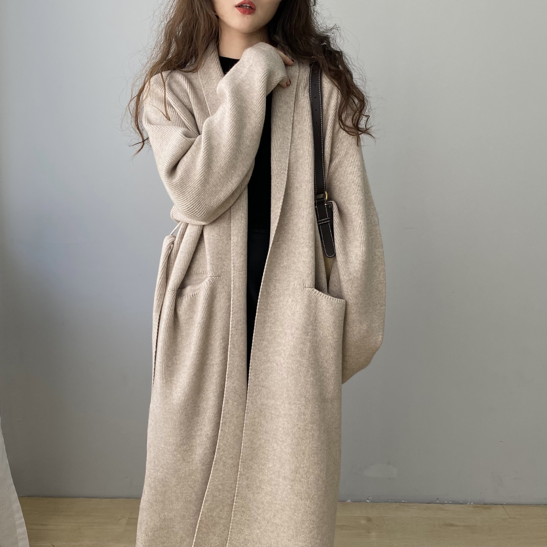 レイジースタイルルーズコートラペル通勤カーディガンコート無地ロングアウターセーターb7237