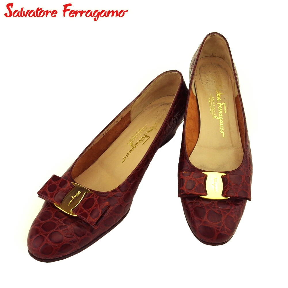 パンプス シューズ 靴 ヴァラリボン レディース 7ハーフC クロコ調 ブラウン ゴールド 中古