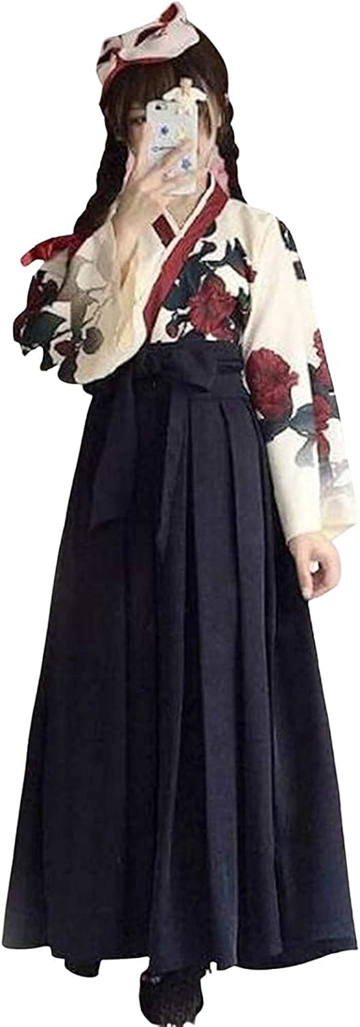 レディレイジー 大正ロマン 袴 和服 着物 和装 コスプレ 衣装 ロング 女装 仮装 レディース 浴衣 薔薇 バラ柄 黒( ブラック, S)
