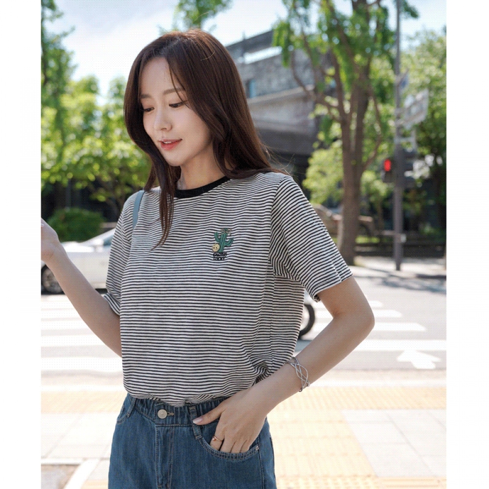 Click & Funny Sun エンブロイダリーストライプ T シャツ