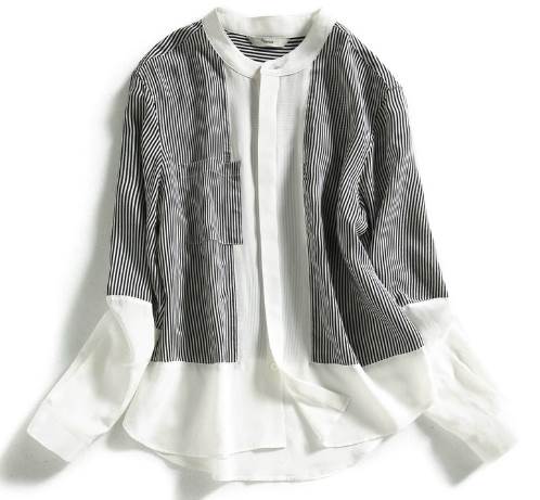 重ね着風 レディース トップス シャツ プルオーバー 5分袖 スタンドカラー ストレート ポケット 切り替えデザイン バイカラー カジュアル おしゃれ かっこいい ラフ メンズライク ボーイッシュ ル