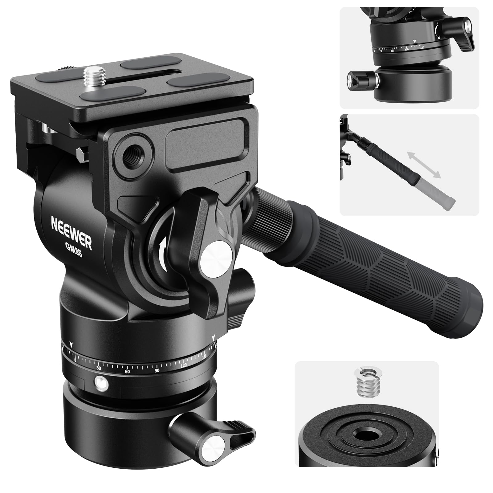 NEEWER 三脚流体雲台 +/-7レベリングベース(Φ48mm)付き 金属製 コンパクト パンチルト Arca型QRプレート/伸縮ハンドル付き ビデオ フルード 自由 雲台 フルードヘッド
