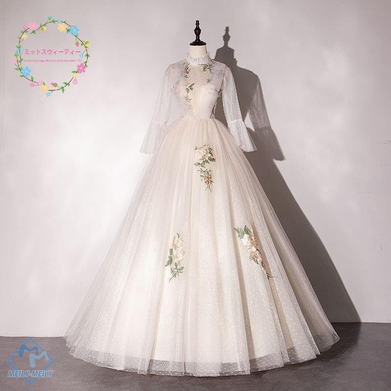 パーティードレス ウエディングドレス カラードレス 結婚式 長袖 花嫁 ベージュ 発表会 花柄 コン