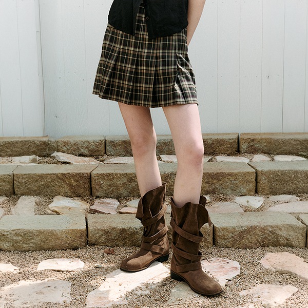 BUCKLE CHECK PLEATS MINI SKIRT GREEN