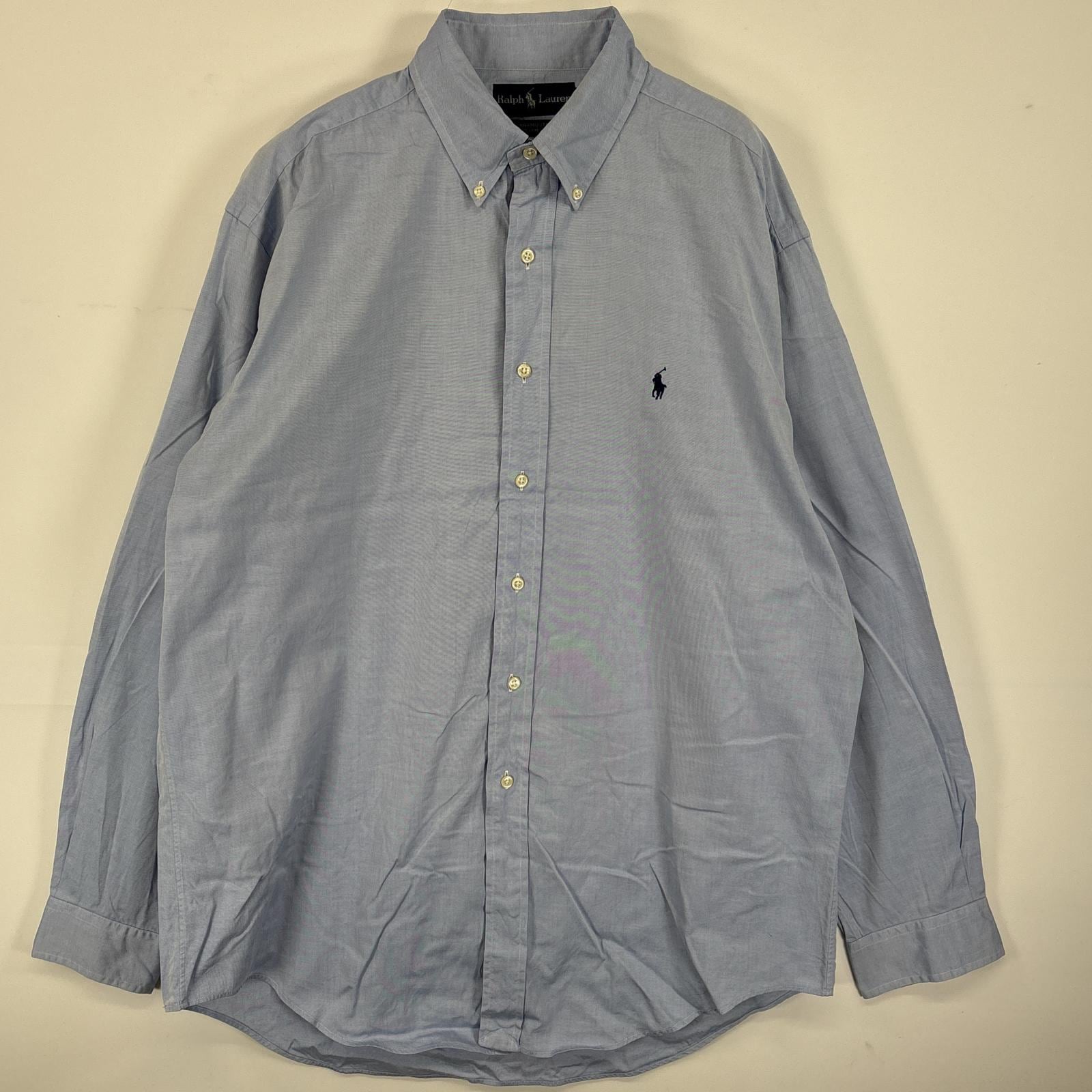 古着 長袖シャツ ボタンダウンシャツ ワンポイント ロゴ 刺繍 16 L ブルー 無地 メンズ