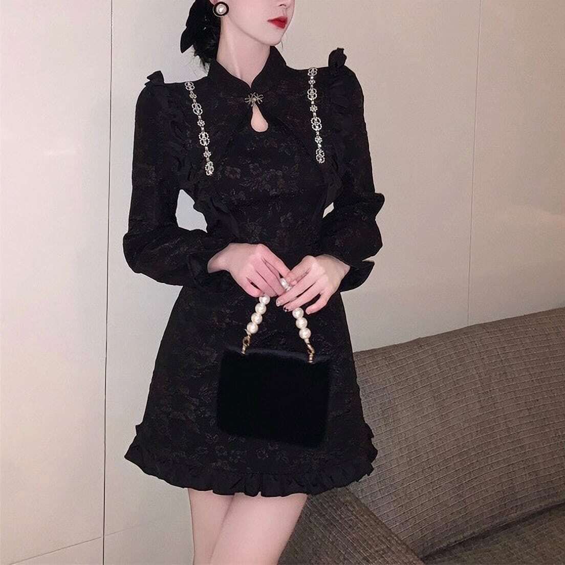 レディース ワンピース 上品 チャイナ風 Aライン ミニ タイト フリル リボン レース お呼ばれ フォーマル パーティー 大人可愛い ママコーデ ママファッション 韓国系 オルチャン 人気 トレンド