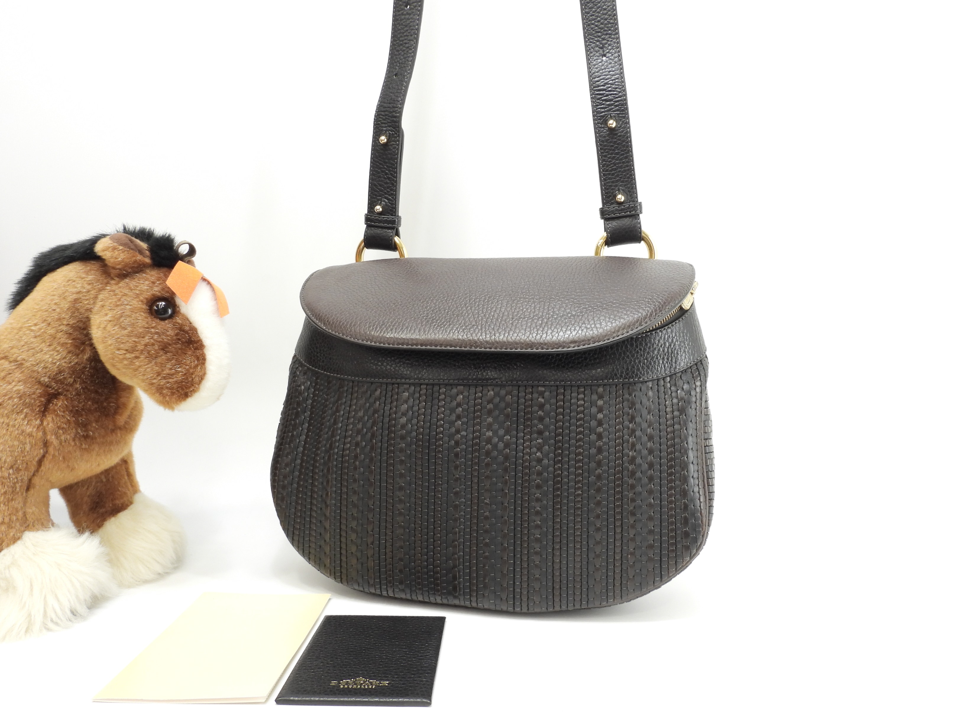 デルボー 斜掛ショルダーバッグ 編込レザー 黒茶 ヴィンテージ ポシェット 美品@ 1