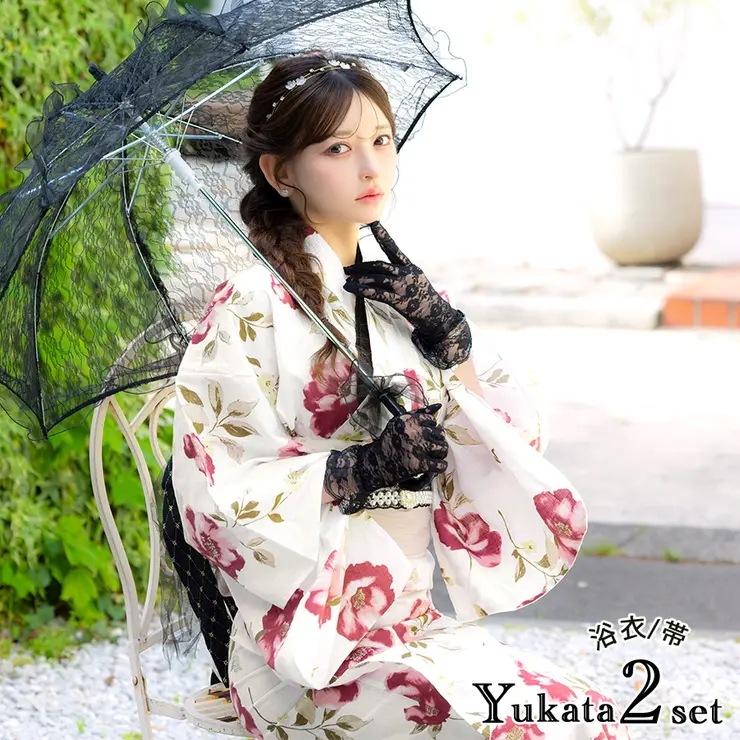 Tika 椿柄レトロ浴衣2点セット 浴衣 兵児帯 レディース浴衣 ガーリー浴衣 浴衣セット フリーサイズ ホワイト 黒崎みさ