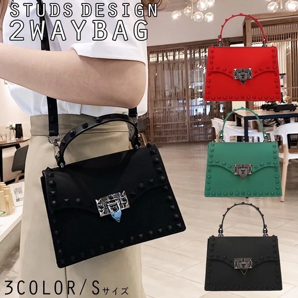 ファッショナブルなワンカラーのスタッズ付き ショルダーバッグ ハンドバッグ Sサイズ VA023