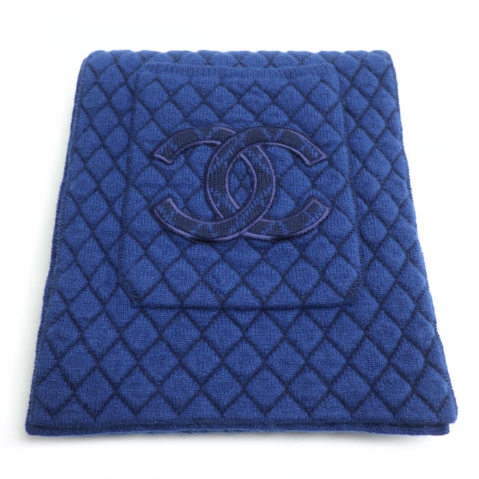 CHANEL シャネル 大判 ポケット付き キルティング マフラー ブルー レディース 中古