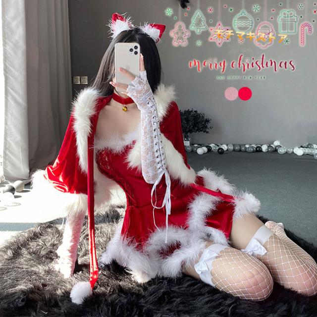 サンタ コスプレ クリスマス セクシー ワンピース ベアトップ サンタクロース セット レース カチューシャ 手袋 ポンチョ もこもこ 大人 レディース キャバドレス キャバ嬢 コスチューム コスチュ