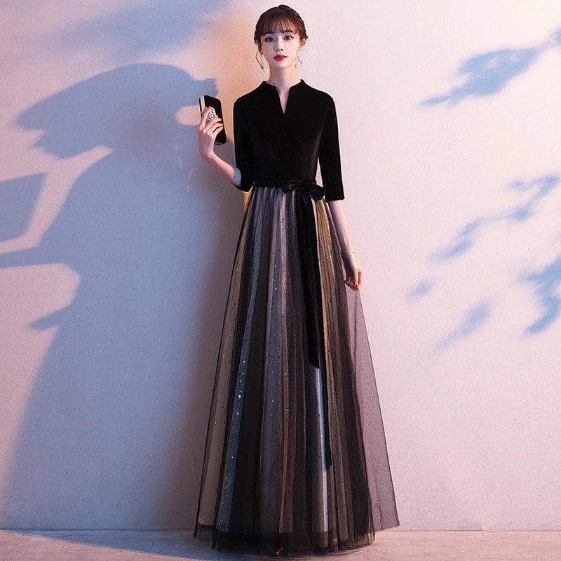 6月の新製品夏の新着商品 カラードレス ロングドレス 5分袖 ブラック ファスナー 黒 パーティードレス ウェディングドレス ウエディングドレス 結婚式 二次会 披露宴 花嫁 演奏会 発表会 フォーマ 5,274円