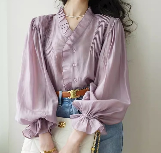 トップス レディース シャツ ブラウス プリーツ フレア チュール ギャザー 春服 秋服 長袖 Vネック カシュクール 細身 ストレート プリーツ レース シフォン フリル タック 透け感 ボタン S